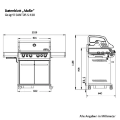 SANTOS S-418 Mit Seiten- & Heckbrenner, Edelstahl Inkl. Drehspieß, Rostheber & Silikonablage -Gasgrills Verkaufsgeschäft 9d80782c2d9ddafc6598e095376f7486
